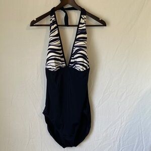 Nautica Black and White One Piece Halter Style Swimsuit Size 16